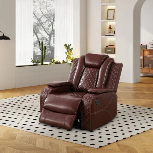 Miniatura 17 de Juego de sofá reclinable eléctrico, sofá reclinable de cuero de aire con LED/portavasos/almacenamiento, 2 muebles de sala de estar, sofá de cuero