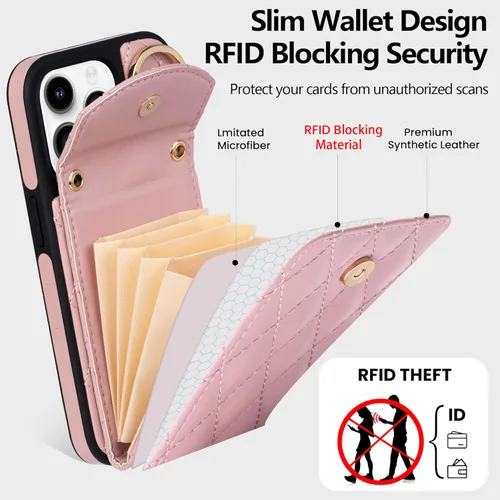 Miniatura 2 de Funda para iPhone 15 Pro de 6.1 pulgadas, cartera cruzada con bloqueo RFID, 4 ranuras para tarjetas, soporte de anillo de 360°, funda protectora