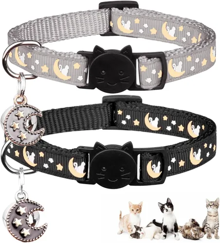 Miniatura 14 de Baeuppit 2 collares de gatos separables para niños y gatos, ajustables, con campana, color negro y azul claro Negro + azul claro