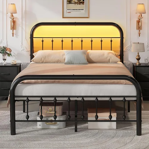 WLIVE Marco de cama de plataforma de metal, marco de cama de tamaño matrimonial con cabecero, marcos de cama con luces LED y estación de carga, base