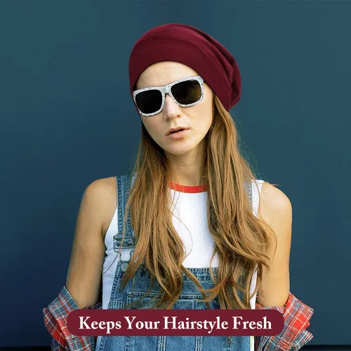 Miniatura 27 de 4 Pieces Satin Lined Beanie Cap Satin Sleep Lined Hat Slouchy Beanie Hat Night Silk Hair Cap for Women Men