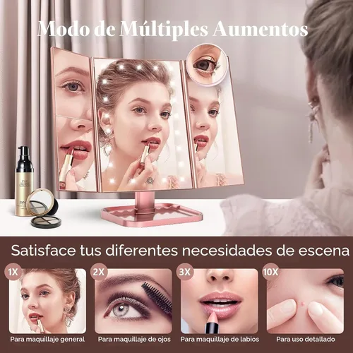 Miniatura 2 de HUONUL - Espejo de maquillaje para tocador con luces, aumento de 2X, 3X y 10X, control táctil, espejo triple, fuente de alimentación doble, regalos
