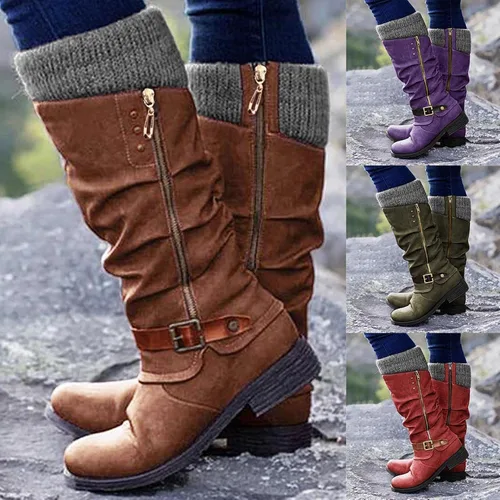 Miniatura 3 de AODONG Botas para mujer, cálidas botas de invierno con tacón puntiagudo, botas de cuña de moda, botas de vaquero a media pantorrilla, botas gruesas