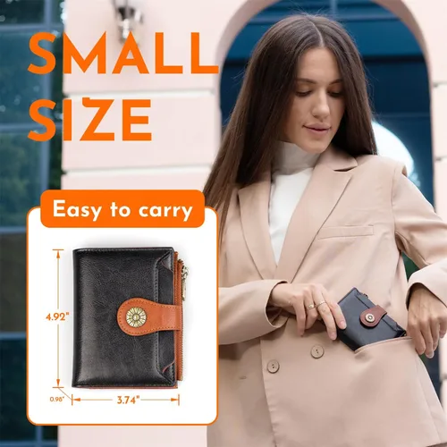Miniatura 3 de Cartera pequeña para mujer, con bloqueo RFID, de piel suave, plegable, compacta, tarjetero para mujer, con bolsillo con cremallera, color negro