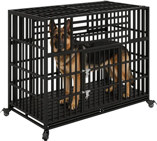 Miniatura 11 de Jaula para perros indestructible de 44 pulgadas con ruedas, jaula de acero a prueba de escapes para interiores, doble puerta, alta ansiedad