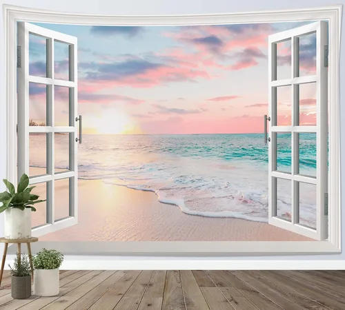 Miniatura 11 de HVEST Tapiz de playa para colgar en la pared, paisaje tropical azul océano, tapiz natural para dormitorio, palmera verde con cielo azul, nube