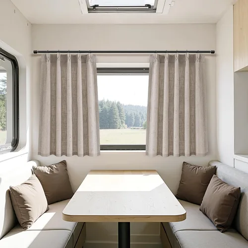 Miniatura 6 de Juego de 2 paneles de cortinas de ventana de cocina beige de 24 pulgadas de largo, con textura de lino, plisadas, filtrantes de luz, semi pequeñas