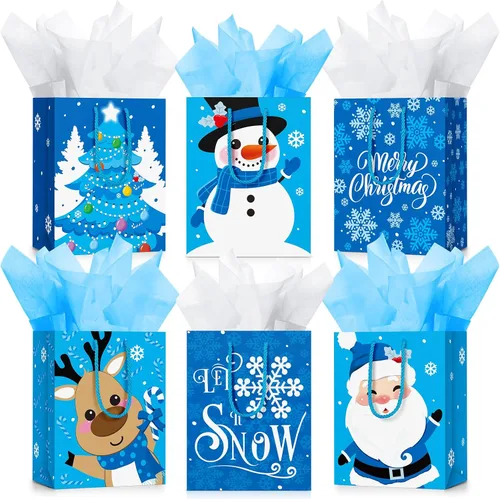 Miniatura 8 de Cholemy 16 piezas de bolsas de regalo de Navidad medianas gruesas con papel de seda, bolsas de papel kraft de Navidad con asas para envolver regalos