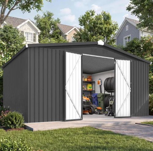 Miniatura 8 de AECOJOY Cobertizo de almacenamiento de metal para exteriores de 3 x 5 pies, cobertizo de herramientas de jardín resistente con puerta de gran