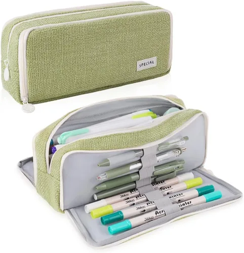 Miniatura 13 de iSuperb - Estuche grande para lápices con gran capacidad, de lona, con 3 compartimentos, bolsa para bolígrafos, bolsa de marcadores