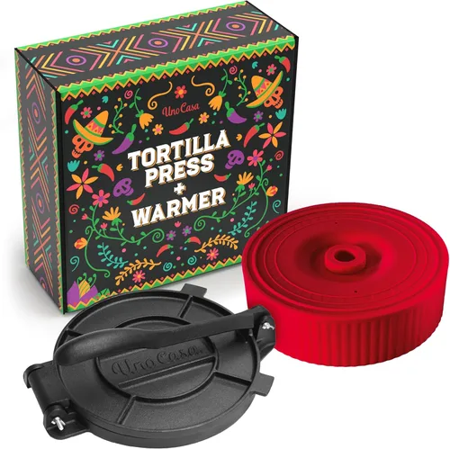 Uno Casa Prensa de tortilla de hierro fundido de 8 pulgadas con calentador de tortillas - Paquete de preparador pre-sazonado para quesadillas, roti