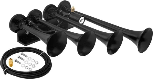 Vixen Horns - Cuerno de tren para camión/coche. 4 Bocinas de aire con trompetas negras (XLong). Sonido súper fuerte en dB. Se adapta a vehículos de