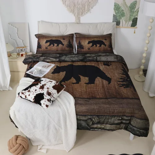 Miniatura 6 de Juego de edredón rústico de oso tamaño completo, juego de ropa de cama de caza de animales salvajes de 3 piezas, edredón de plumón vintage de cabaña