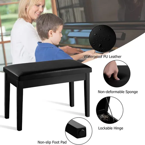 Miniatura 5 de GOFLAME Banco de piano dúo, negro, piel sintética, construcción de madera maciza, almacenamiento de música oculto, capacidad de carga de 360 libras