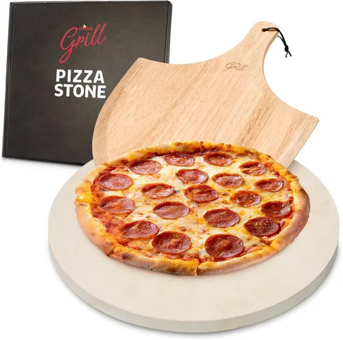 HANS GRILL PIEDRA PARA PIZZA | Piedra circular para pizza para hornear en horno y asar en parrilla con pala de madera incluida | Piedra de cocina de
