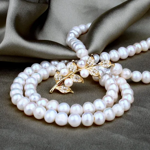 Miniatura 2 de Jirehjill Pearl Necklace for Women, 30 inches Pearl Necklace Made of 7.0-8.0mm AAA+ Freshwater White Pearls, Handmade 18K Gold Plated Inlaid Pearl