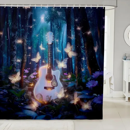 Miniatura 5 de Cortina de ducha de guitarra roja, cortina de baño de música Hip Pop, decoración de baño para niños y niñas, cortina de baño de guitarra de moda