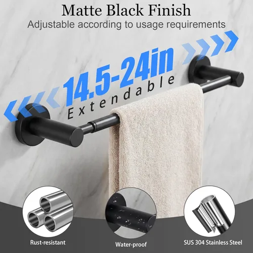 Miniatura 4 de Juego de 10 accesorios de baño negro mate, juego de toallas de baño ajustables de 14.5-24 pulgadas, juego de accesorios de baño de acero inoxidable