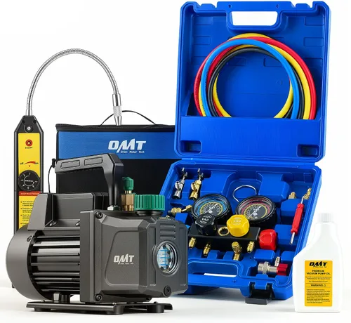 Orion Motor Tech - Bomba de vacío de AC y juego de medidores, bomba de vacío de 1/3 hp, kit de manómetro de 4.5 cfm con detector de fugas, 4