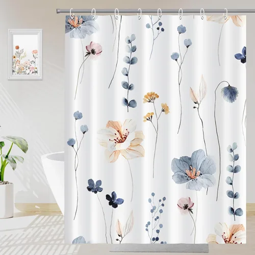 Miniatura 8 de Juego de cortinas de ducha – Cortina de baño floral con flores azules y beige, cortina de ducha para baño, juego de cortina de ducha de tela