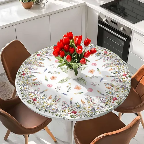 Miniatura 2 de Mantel redondo ajustable con flores silvestres botánicas, manteles elásticos impermeables para interiores y exteriores, mantel elástico para cena