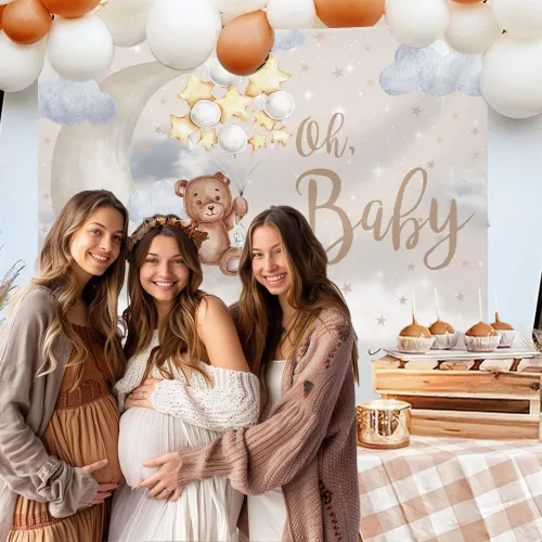 Miniatura 6 de MEHOFOND Oh Baby Bear - Telón de fondo para baby shower, género neutro, decoración de fiesta de cumpleaños, pancarta de oso en la luna, globos