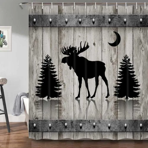 Cortina de ducha rústica de ciervos para baño, diseño de animales salvajes, cabaña rústica, alce, bosque, diseño de tablero de madera vintage,