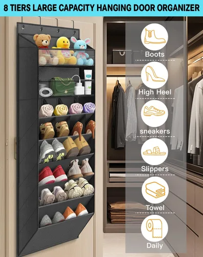 Miniatura 3 de Organizador de almacenamiento de zapatos sobre la puerta, zapatero colgante de 8 niveles detrás de la puerta con 6 bolsillos grandes y profundos, 8