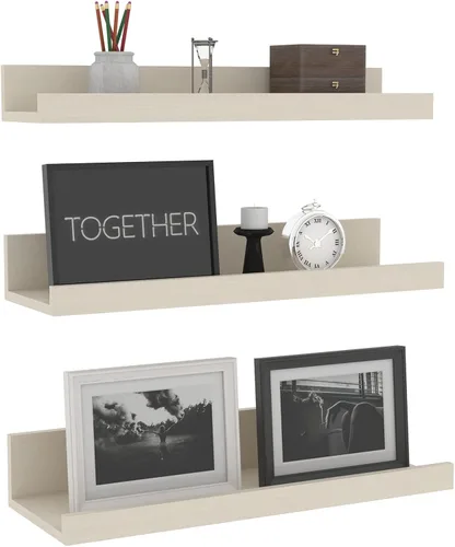 Giftgarden Estantes flotantes de 16 pulgadas montados en la pared, estante de madera de grano de madera beige blanco cremoso para baño, dormitorio,
