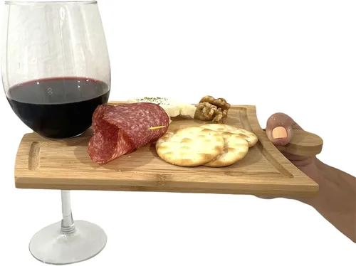 Miniatura 7 de Juego de tablas de embutidos de bambú, diseño único de piezas de rompecabezas con soporte para copas de vino, tabla de quesos de charcutería