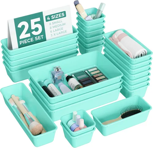 Miniatura 12 de BiuLeon - Juego de 25 organizadores de cajones de plástico, 4 tamaños, organizador de tocador y maquillaje, bandejas organizadoras para cajones