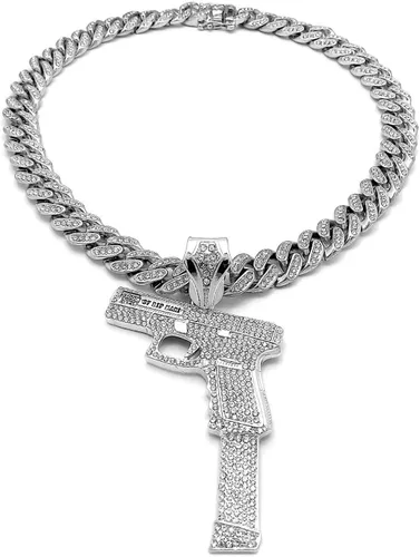 Pyramid Jeweler Colgante de pistola de oro o plata para hombre Hip Hop y cadena de gargantilla cubana de Miami de 0.472in, Metal, Circonia cúbica