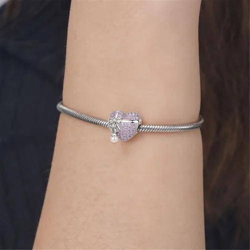 Miniatura 3 de GNOCE Abalorio de plata de ley 925 con diseño de corazón de amor con pajarita