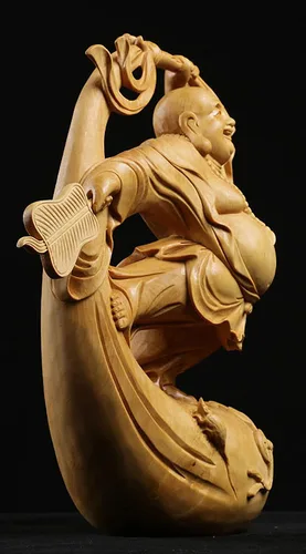Miniatura 5 de Estatua de Buda Maitreya Maitreya tallada a mano de boj natural (ventilador de bolsa de tela)