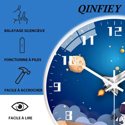 Miniatura 2 de QINFIEY Reloj de pared para niños con movimiento silencioso de 12 pulgadas, reloj de pared redondo que no hace tictac, funciona con pilas