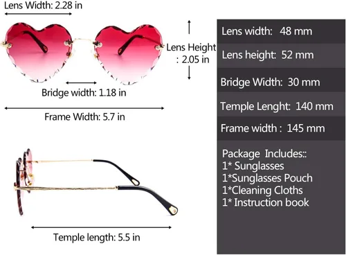 Miniatura 5 de Dollger Lentes de sol con forma de corazón, con marco de metal fino, sin marco, con forma de corazón, con protección UV400 para mujer