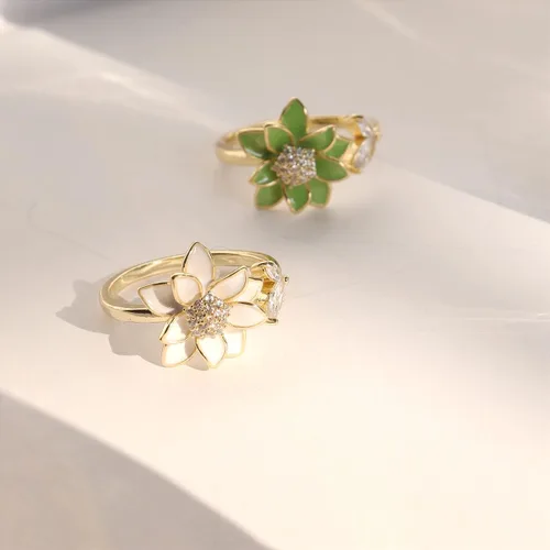 Miniatura 6 de Sonateomber Anillo de oro abierto ajustable con flores de primavera para mujer, moderno y elegante, con circonita cúbica única esmaltada frontal