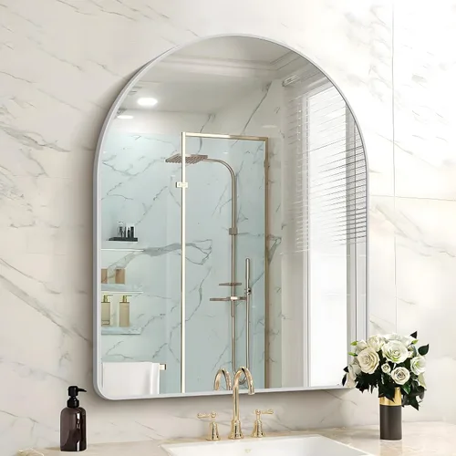Miniatura 31 de FORBATH Espejo de baño arqueado de 16 x 24 pulgadas, espejo de baño negro montado en la pared, moderno marco de aleación de aluminio, espejo de arco