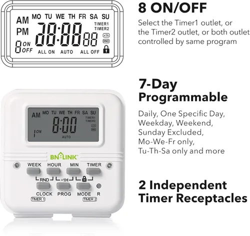 Miniatura 3 de BN-LINK Temporizador de luz digital para interiores, enchufe programable de 7 días con 2 salidas independientes de 3 clavijas, para lámparas