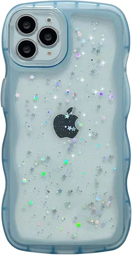 Miniatura 139 de Qokey Funda para iPhone 12 Pro Max de 6.7 pulgadas, diseño de onda rizada, borde transparente, brillante con purpurina, estrella brillante, bonita