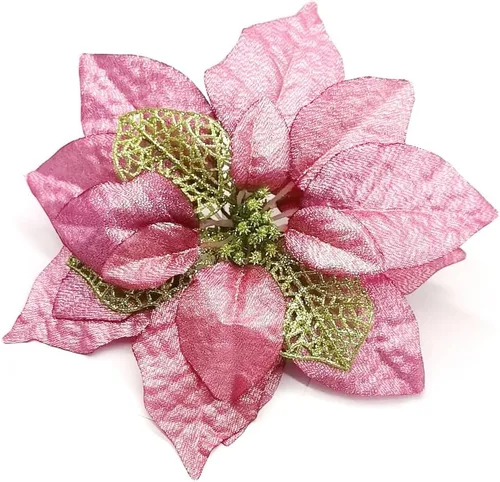 Miniatura 17 de YYCRAFT 12 flores artificiales de seda brillante con purpurina para decoración de árbol de Navidad (plata, 8 pulgadas)