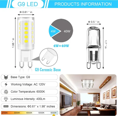 Miniatura 3 de Winshine - Bombilla LED G9 doble clavija, bombillas G9 de luz diurna de 6000 K para candelabros, 4 W (equivalente halógeno de 40 W), ángulo del haz