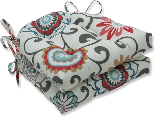 Pillow Perfect Cojín de asiento de mimbre copetudo para interiores y exteriores con lazos, 2 unidades, 15.5 x 16 pulgadas, juego de pompones