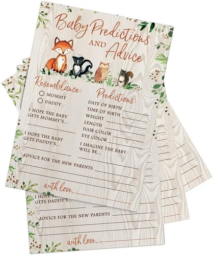 Miniatura 3 de Printed Party Predicciones y consejos para baby shower, animales del bosque, 50 tarjetas