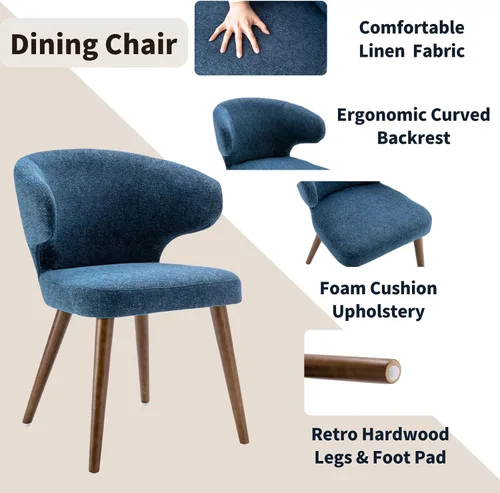 Miniatura 4 de HNY Juego de 2 sillas de comedor modernas de mediados de siglo, sillas de comedor tapizadas con respaldo de ala, sillas laterales de lino con patas
