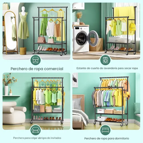 Miniatura 7 de Perchero de doble barra para colgar ropa, perchero de ropa resistente con ruedas, percheros de ropa independientes con estante inferior Oxford