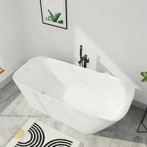 Miniatura 9 de Bañera independiente de acrílico de 59", bañera independiente de doble extremo, bañera de remojo con desbordamiento ranurado integrado, desagüe