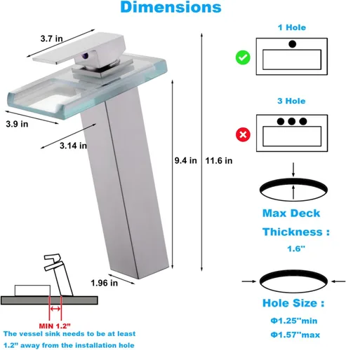Miniatura 4 de Grifo LED para lavabo de baño de níquel cepillado, grifo de fregadero de recipiente alto, cascada de una sola manija, 1 agujero y 2 líneas de Mate