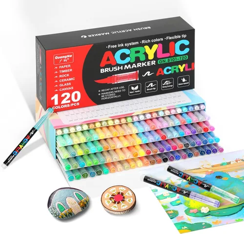 Marcadores de pintura acrílica de 120 colores, punta de pincel, bolígrafos de pintura acrílica con sistema de tinta líquida directa, marcadores de