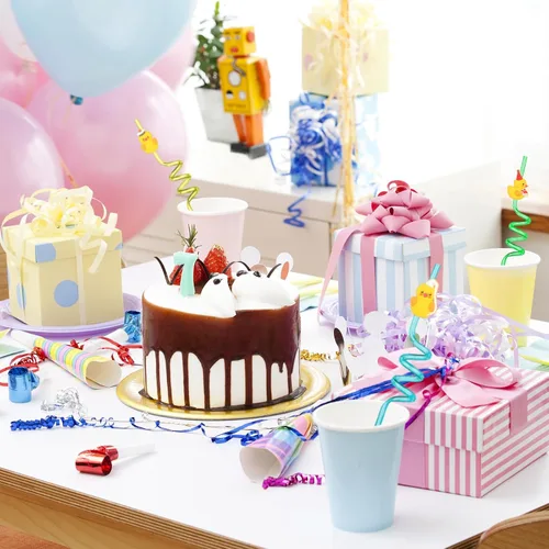 Miniatura 7 de Honoson 24 popotes de pato, regalos de fiesta de cumpleaños, con 2 cepillos de limpieza, tema, reutilizable, plástico, tonto, 8 diseños